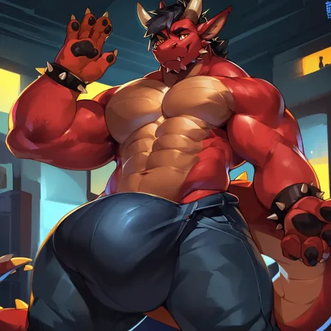 Solo, male (((dragon, muscular, broad shoulders, abs, red body, red scales, all red body, yellow iris, black pupil, black hair, tied hair, spiked tail, facial spikes, brown horns, dragon snout, black paw pads, five fingers, blue jeans, huge bulge))) standi...