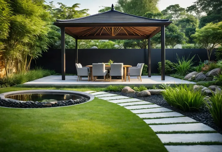 A stunning modern European garden with subtle Asian elements, featuring a sleek gazebo with a contemporary roof design. Shot with a high-quality DSLR camera, the garden is adorned with lush green lawns and a smooth stone pathway that winds through the spac...