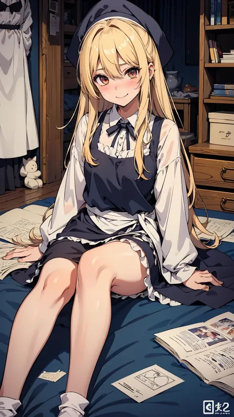 marisa kirisame、messy room、cute woman、blonde、wizard、marisa&#39;s hat、very thick thighs、smile、sloppy body、best image quality、high...