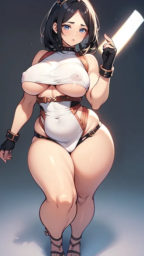 (masterpiece), best quality, female warrior, huge girl, female muscular:1.2, big breast, ((curvy:1.7)), (((blank background))), ((full body)), fingerless gloves, sandals, sleeveless, covered nipples, (underboobs:1.3), parted bangs, straight hair, black hai...