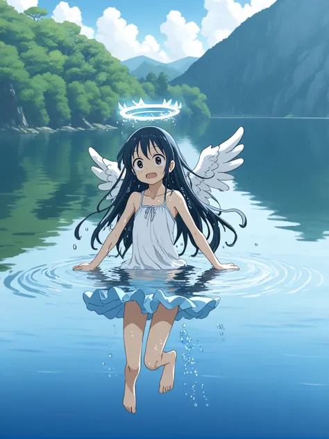 partially underwater, lakeの女神, Long Hair, Wet Hair,lake,8-year-old、Flat Chest、one piece、Above the water line from the neck、Body in water, ,The skirt flips up due to buoyancy、Angel Halo