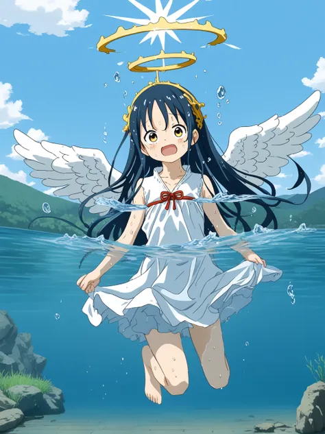 partially underwater, lakeの女神, Long Hair, Wet Hair,lake,8-year-old、Flat Chest、one piece、Above the water line from the neck、Body in water, ,The skirt flips up due to buoyancy、Angel Halo