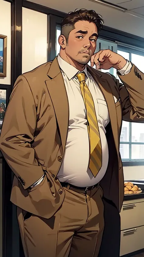 Man, 50 years old, fat guy, big belly, brown suit, yellow and brown striped tie, white shirt, expensive watch, short hair, rough skin