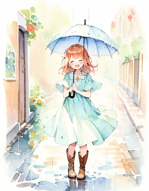 Beautiful girl with umbrella, Girl having fun in the rain, ((Put on your boots)), sing, content:watercolor. style:Whimsical and delicate, Like a children&#39;s illustration&#39;Books.