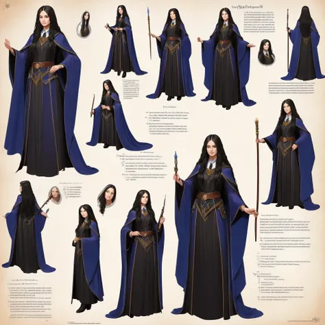 (((highest quality))),masterpiece,1 woman,((the perfect person)),((Super beautiful woman)),detailed perfect face, woman with blue wizard robes, long black hair, and a wood magic wand. conservative outfit, older wise woman, character design sheet, full body...