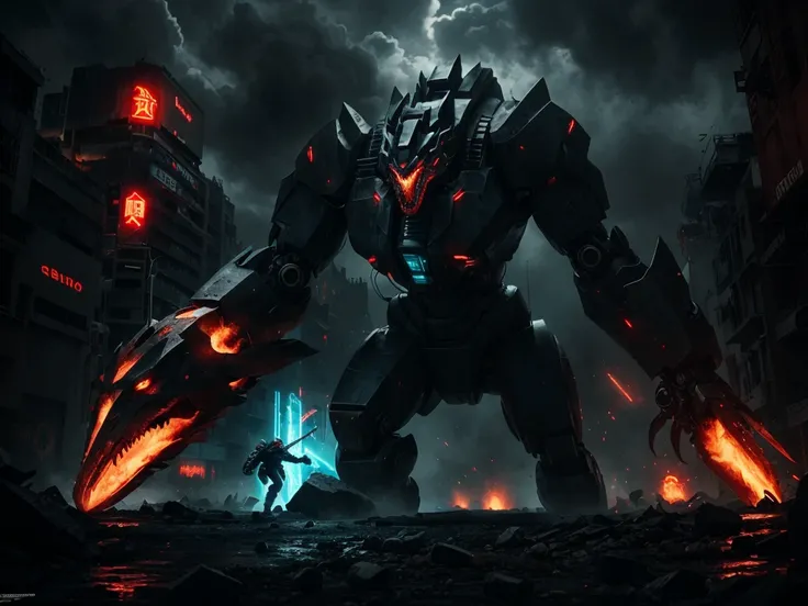 a giant robot battling a huge kaiju, cinematic lighting, dramatic composition, highly detailed mecha design, extremely detailed mechanical parts, complex machinery, advanced technology, intense action, dynamic poses, powerful energy effects, glowing neon d...