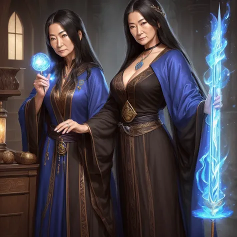 (((highest quality))),masterpiece,1 woman,((the perfect person)),((Super beautiful woman)),detailed perfect face, older asian woman with blue wizard robes, long black hair, and a wood magic wand. conservative outfit, older wise woman, character design, ful...