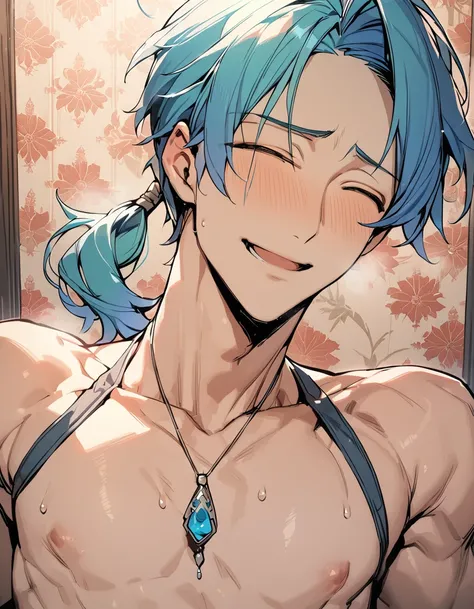 ((((best masterpiece, best quality, wallpaper,)))) solo, guy, male body, small muscles, flat chest, 1male, 30 years old, handsome man, upper body, looking at viewers, beautiful detailed, seductive smile, mediumturquoise hair, ((((Lower short ponytail)))), ...