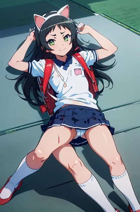 masterpiece, ultra quality, ultra sharp, ultra detailed, 1girl, solo, (((good anatomy))), haduki kurumi, (tattered torn dripping wet white gym shirt), navy gym pants, animal ears, randoseru, name tag, Japanese anime pose, laugh, BurumaShorts, Buruma, Gym U...