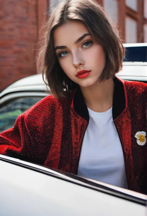 Beautiful 16-year-old girl, named Sofia, beautiful golden eyes, detailed eyes, MID-HEIGHT bob  haircut, mermeland lips, sexy, detailed face, university jacket, in the background a strawberry, car, parking 