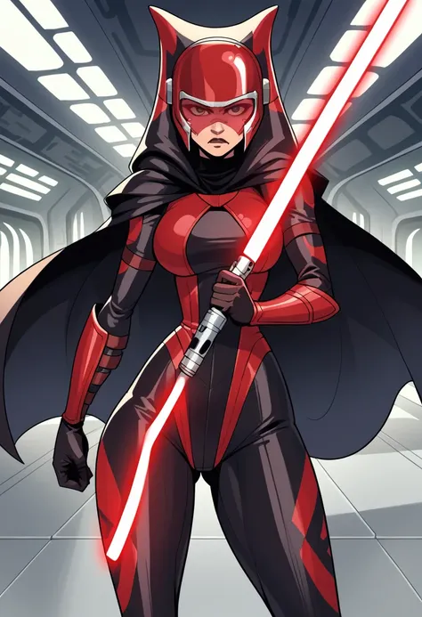 score_9, score_8_up, score_7_up, score_6_up, 2d, rating_questionable, rating_safe,
BREAK
Trilla, helmet with red visor, star wars,
armor,black gloves,tight bodysuit,black cape,black pants,
close up, solo, standing, front view, medium breasts, wide hips, ho...