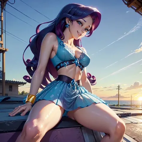 (((beautiful female body))),(((rarity as a sweet charming hot seductive horny girl))) ,(((sit on the roof next to street wide spread legs suspended legs)))),(((landscape in background))),(((lewd and erotic posing))), (((happy wicked smile))) ,(((wear light...