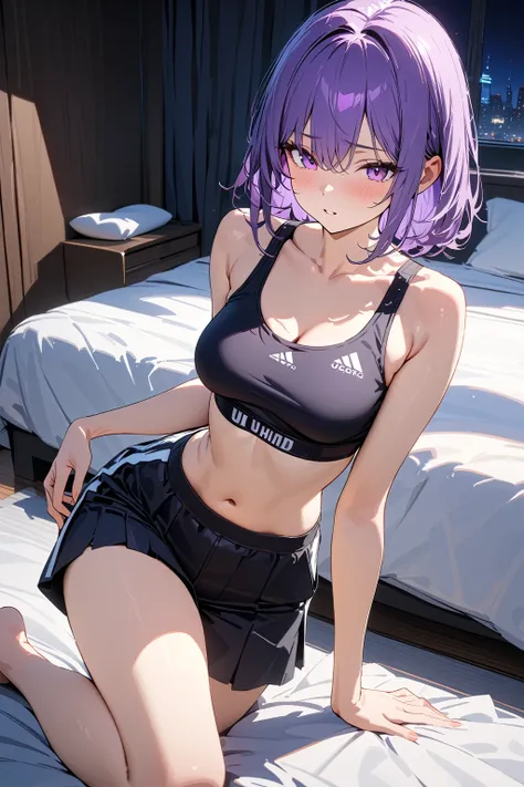 (masterpiece, best quality:1.5), (ultra detailed, high resolution, 8k, beautiful detailed, UHD, best anatomy), purple hair, very flat breasts, 1 girl like a man, Sports Bra, Culottes, barefoot, bed room, night