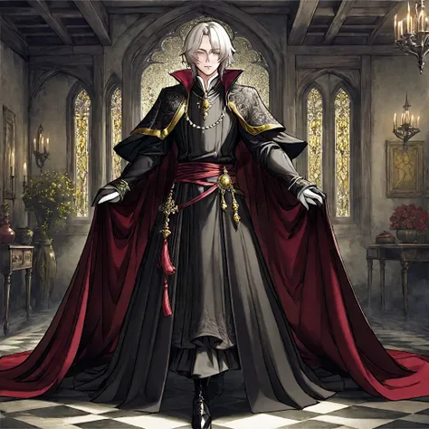 a noble earl，gorgeous clothes，cane，medieval european fantasy style。black and white、yellowish、dark red main color。