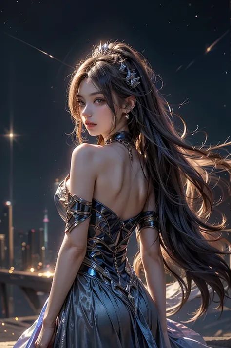 (masterpiece:1.5, Highest quality, Very detailed、 Dutch Angle、Realistic、Fantasy)(One girl, alone)(White and beautiful hair:1.4,,Straight Long Hair)(White based dress, tightedium breasts))((from diagonally forward))(Beautiful starry sky、Mystical Night、Parti...