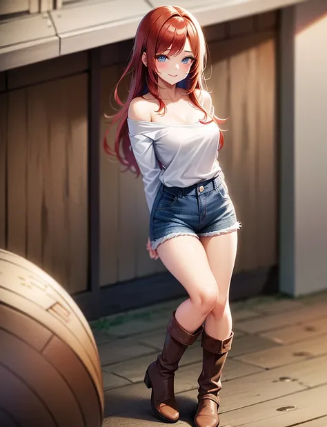 sexy young girl, long haired redhead with blue eyes, Short white off-the-shoulder shirt, bright blue short jean shorts, mirada happy, happy, short brown boots