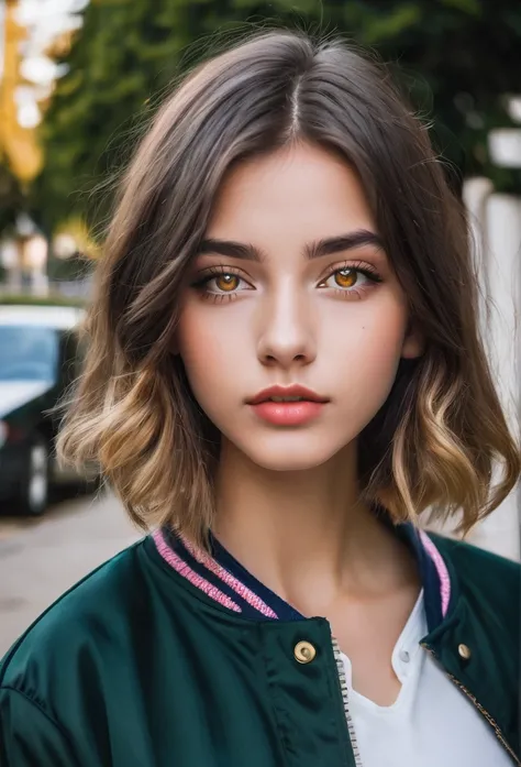 Beautiful 16-year-old girl, named Sofia, beautiful golden eyes, detailed eyes, MID-HEIGHT bob  haircut, mermeland lips, sexy, detailed face, university jacket, in the background a school, car, parking 