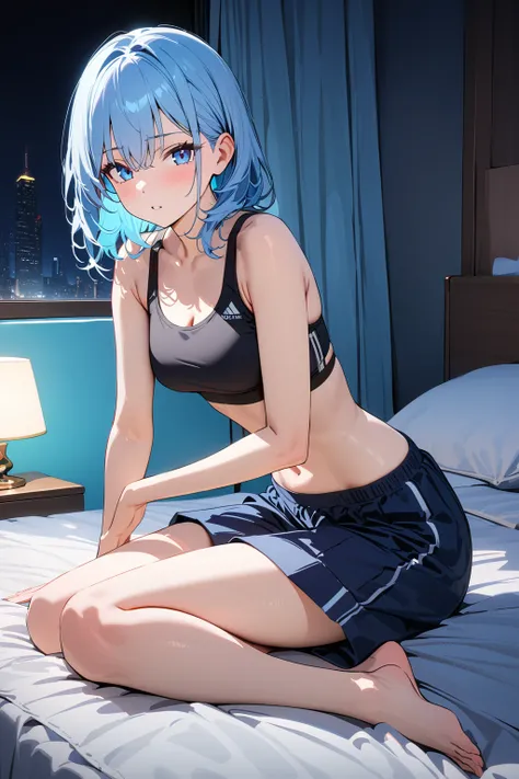 (masterpiece, best quality:1.5), (ultra detailed, high resolution, 8k, beautiful detailed, UHD, best anatomy), pale blue hair, very flat breasts, 1 girl like a man, Sports Bra, Culottes, barefoot, bed room, night