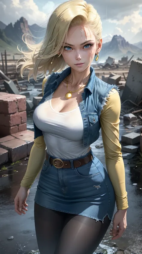 best qualityer, high resolution, E18, 1 girl, Android 18, standing alone, hair blonde, blue colored eyes, waist belt, tight blue denim skirt, gold_necklase, closed fists, black jersey, shorth hair, long sleeves, aretes, open vest, Jeans dress, medium breas...