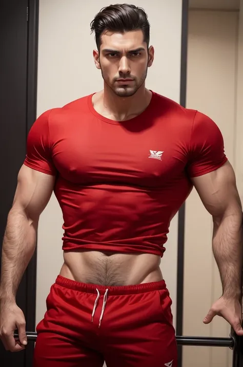 A tall man with brown skin who wears a slicked-back quiff and sideburns, he has a muscular body and wears a red t-shirt and red shorts that highlight his large butt.