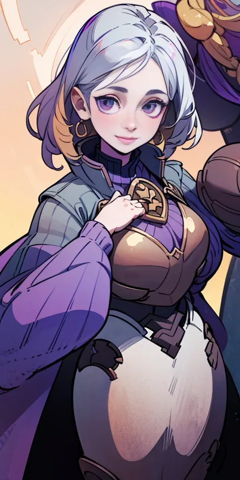 (female chest covered)(smile)Gray skin, pale golden hair and violet eyes. They prefer clothing of white and silver with cloaks of deep blue or purple, village background, huge_knockers ((very precise detailed)) ((highres)