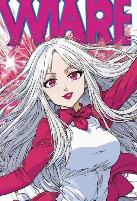 Boku no hero manga panel: girl with long white hair and pink eyes wearing red lipstick dressed as love heroine manipulated love energy in hero pose.