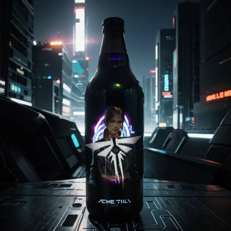 One bottle in the picture.A bottle of cyber beer presented in cyberpunk style, with characteristic elements: smooth, matte coating, decorated with bright neon luminous inserts. Design includes digital pixel patterns and abstract graphic elements, creating ...