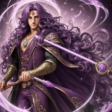 (((highest quality))),masterpiece,1 man,((the perfect person)),((Super beautiful man)),detailed perfect face, handsome tan man, long curly purple hair, and a wood magic wand. purple hair color, violet hair color, pink circle glasses, pink glasses, eccentri...