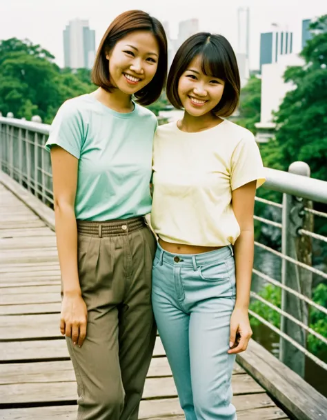 a asian woman and a asian girl standing on a bridgesmile,shirt,outdoors,brown hair,realistic,grin,short hair,looking at viewer,pants,,,photography, film grain, .