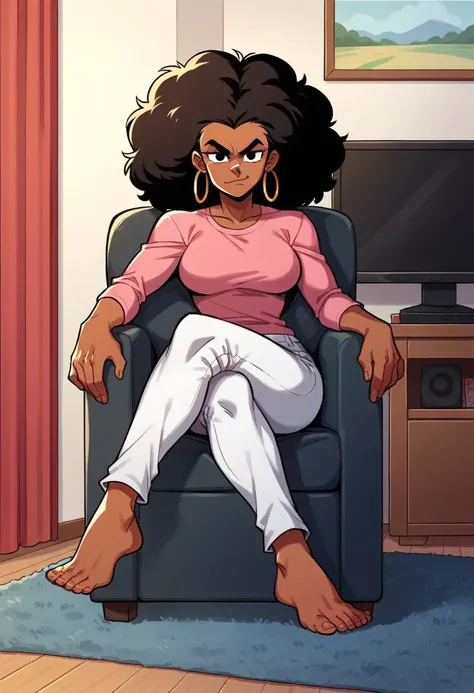 Peg Pete, red big hair, black eyes, animal nose, pink shirt, dark skin, hoop earrings, white pants, looking at viewer, serious, smirk, sitting, on chair, legs crossed, inside cozy living room, television, curtain, high quality, masterpiece 