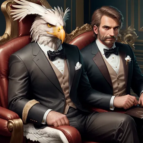 Anthropomorphic eagle wearing a suit，Like a company president，Sitting in a big leather chair，Baroque, YouTube video screenshot, The bird is wearing a bow tie, Real-life stills, Live action scenes,  Threatening gaze, gentleman