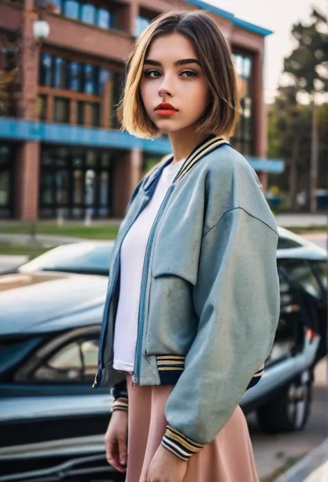 Beautiful 16-year-old girl, named Sofia, beautiful golden eyes, detailed eyes, MID-HEIGHT bob  haircut, mermeland lips, sexy, detailed face, university jacket, in the background a school, car, parking 