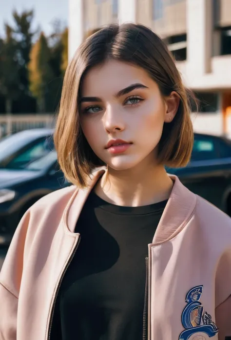 Beautiful 16-year-old girl, named Sofia, beautiful golden eyes, detailed eyes, MID-HEIGHT bob  haircut, mermeland lips, sexy, detailed face, university jacket, in the background a school, car, parking 