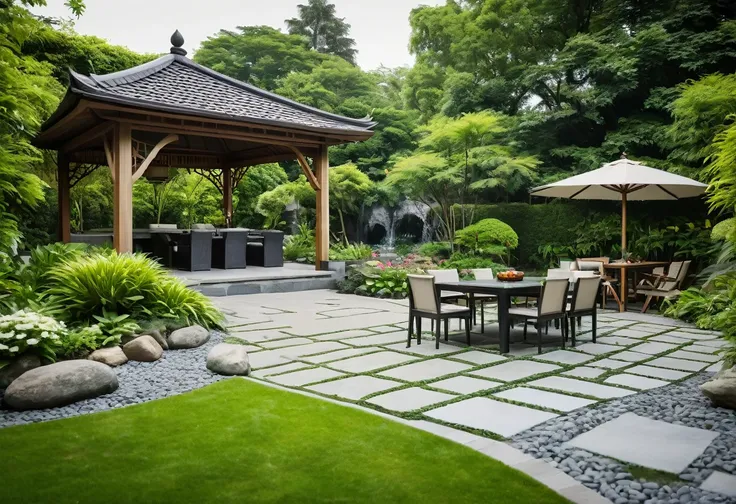 A view from inside a sleek, modern gazebo in a beautifully designed European garden with Asian elements. Shot with a high-quality DSLR camera, the gazebo is furnished with minimalist chairs and a table, overlooking a garden with lush green lawns, small gra...