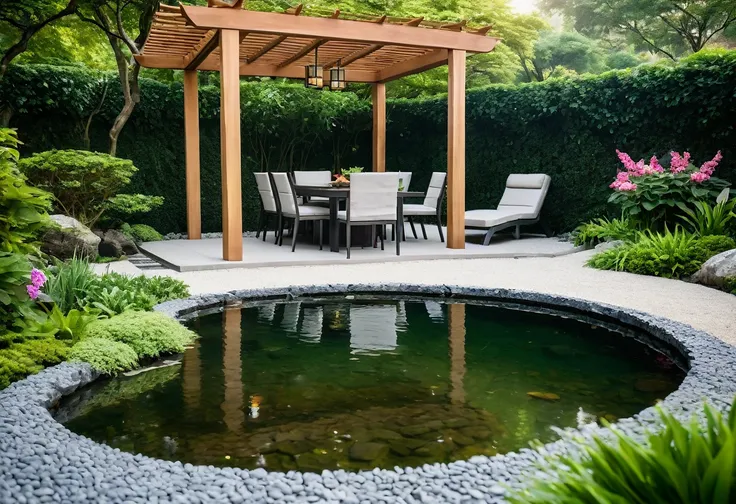 A view from inside a sleek, modern gazebo in a beautifully designed European garden with Asian elements. Shot with a high-quality DSLR camera, the gazebo is furnished with minimalist chairs and a table, overlooking a garden with lush green lawns, small gra...