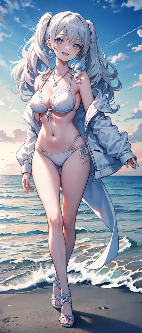 High resolution, high resolution,2D Anime Style,,Cool woman,Gal,tall,20th Generation,White hair long hair,Curly hair twin tails,Light blue eyes,Gal,Beautiful watch,Beautiful earrings,Lots of beautiful necklaces,White Bikini,Opened hoodie,He is smiling,Has ...