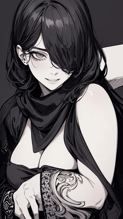 Top quality, (background details), high contrast, one very beautiful woman, detailed original illustration, functional, delicate face, ninja, ninja costume, black hair, scarf, face hidden by hand towel, charming, bad girl, sexy, real breasts, crazy smile, ...