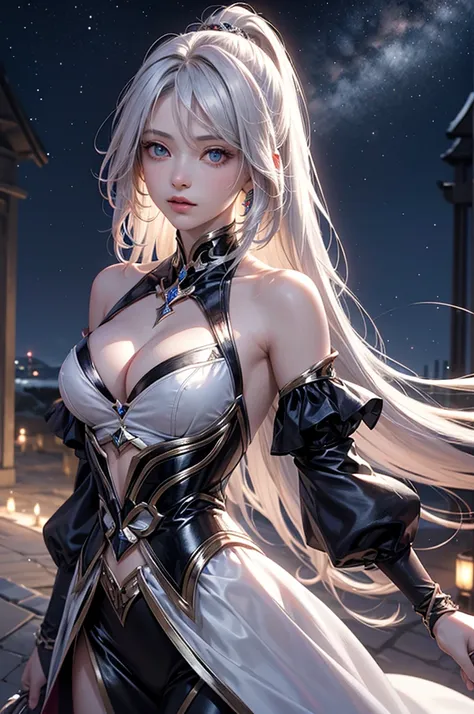 (masterpiece:1.5, Highest quality, Very detailed、 Dutch Angle、Realistic、Fantasy)(One girl, alone)(White and beautiful hair:1.4,,Straight Long Hair)(White based dress, tightedium breasts、Beautiful cleavage))((from diagonally forward))(Beautiful starry sky、M...