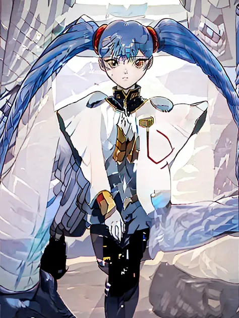 18-year-old girl,, black tights , ,Long twin tails, Light blue hair, Beautiful Face, Spaceship, , commander,  Perfect Anatomy,pants,Low angle,Sitting pose ,M-shaped leg pose, Emphasis on the groin.