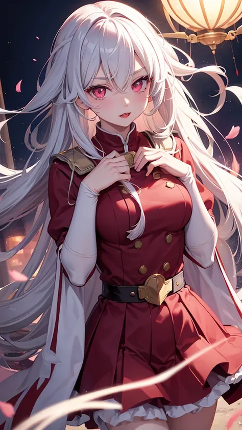 Boku no hero manga panel: girl with long white hair and pink eyes wearing red lipstick dressed as love heroine manipulated love energy in hero pose.