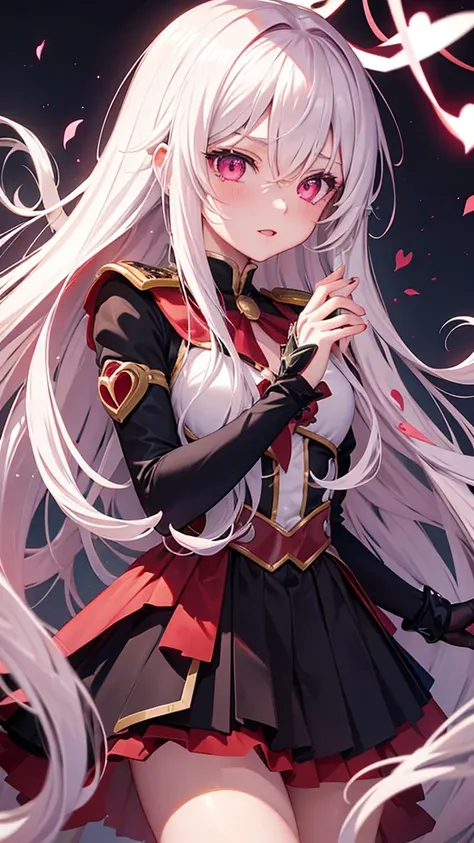 Boku no hero manga panel: girl with long white hair and pink eyes wearing red lipstick dressed as love heroine manipulated love energy in hero pose.