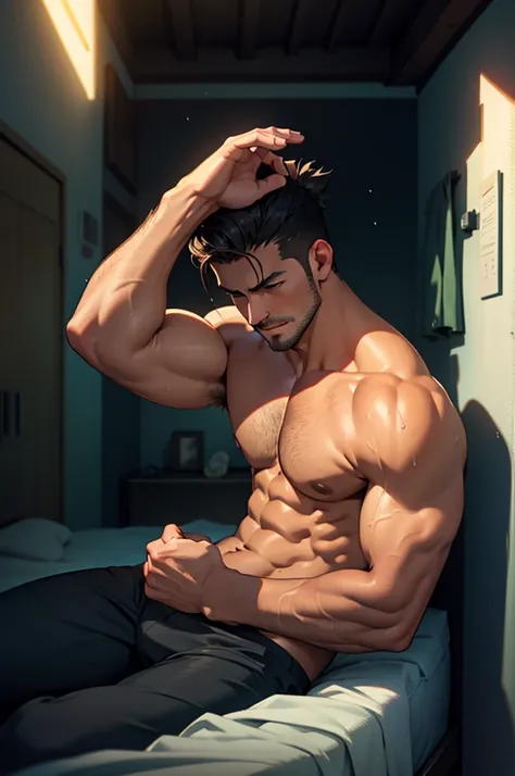 1 man, Handsome man, Fake laugh, Solitary, White skin, muscular, Muscle Man, High target, handsome guy, Big biceps, Abdominal muscles, thigh, Broad shoulders, Open the chest,, Black short hair, Wet, Wet hair, Shirtless, Sit on the bed and relax, Black swim...