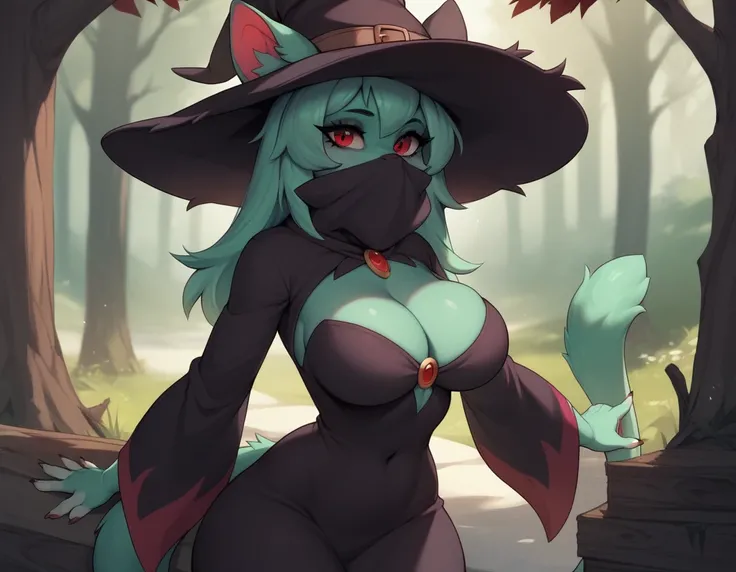 , score_9,score_8_up,score_7_up, Katress, female, Anthro feline, teal furry body, red eyes, witch hat, covered mouth, dress, outdoors, visible cleavage, 