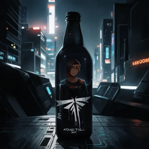 One bottle in the picture.A bottle of cyber beer presented in cyberpunk style, with characteristic elements: smooth, matte coating, decorated with bright neon luminous inserts. Design includes digital pixel patterns and abstract graphic elements, creating ...