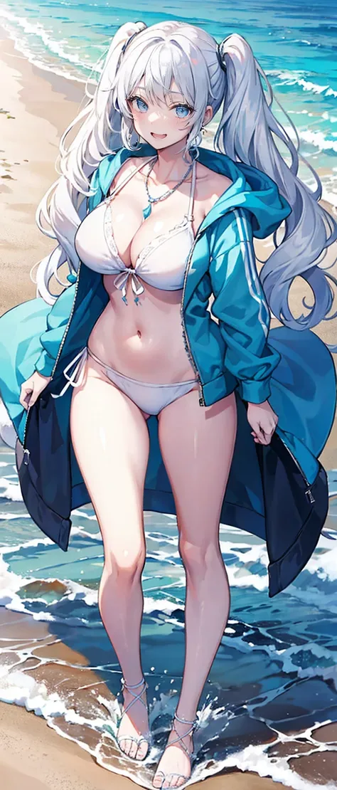 High resolution, high resolution,2D Anime Style,,Cool woman,Gal,tall,20th Generation,White hair long hair,Curly hair twin tails,Light blue eyes,Gal,Beautiful watch,Beautiful earrings,Lots of beautiful necklaces,White Bikini,Opened hoodie,He is smiling,Has ...