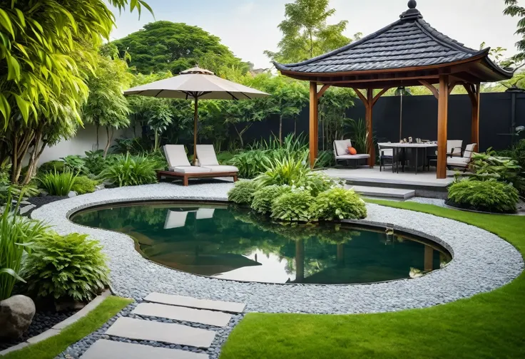 A view from inside a sleek, modern gazebo in a beautifully designed European garden with Asian elements. Shot with a high-quality DSLR camera, the gazebo is furnished with minimalist chairs and a table, overlooking a garden with lush green lawns, small gra...