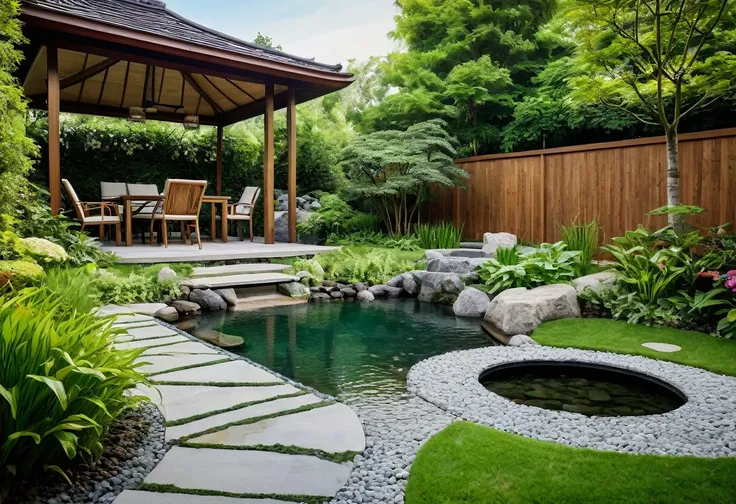 A view from inside a sleek, modern gazebo in a beautifully designed European garden with Asian elements. Shot with a high-quality DSLR camera, the gazebo is furnished with minimalist chairs and a table, overlooking a garden with lush green lawns, small gra...