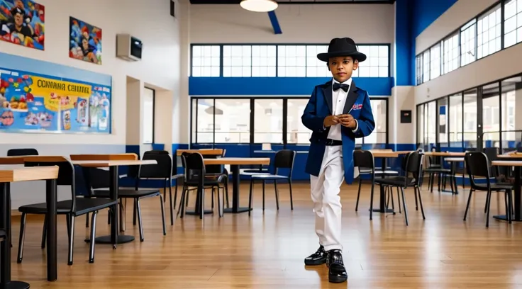 photorealistic image of a 7-year-old boy performing on a makeshift stage in the school cafeteria. the boy is autistic and is dre...