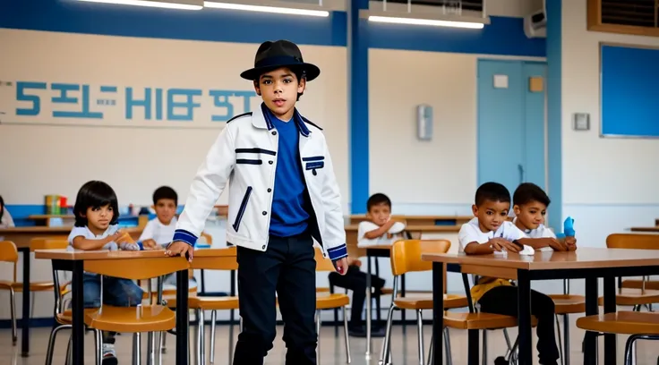 photorealistic image of a 7-year-old boy performing on a makeshift stage in the school cafeteria. the boy is autistic and is dre...