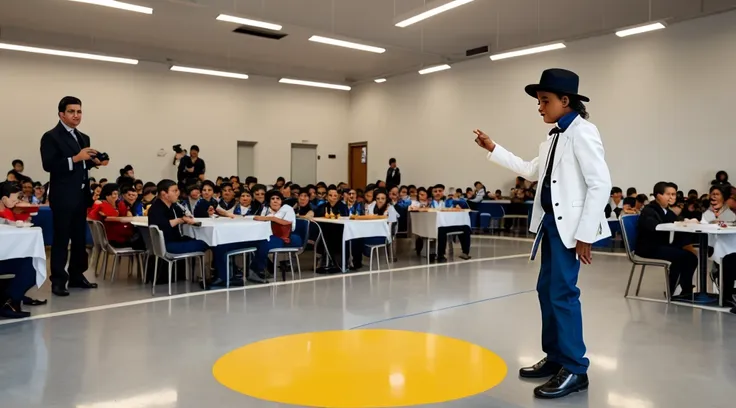 photorealistic image of a 7-year-old boy performing on a makeshift stage in the school cafeteria. the boy is autistic and is dre...